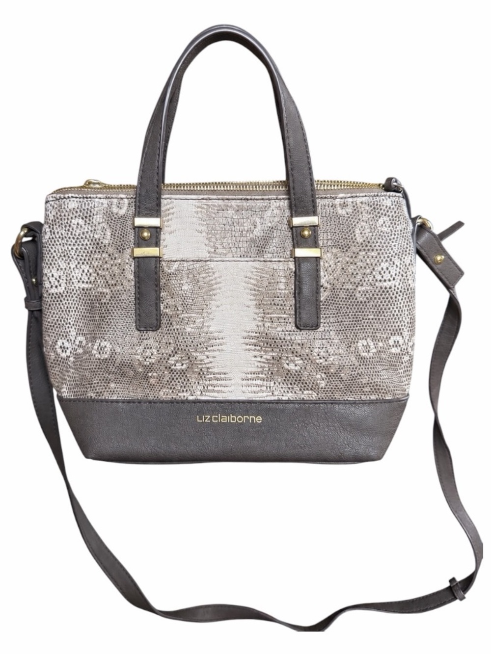 Vintage Y2K Liz Claiborne Gray Faux Reptile Print Structured Satchel w/Crossbody
